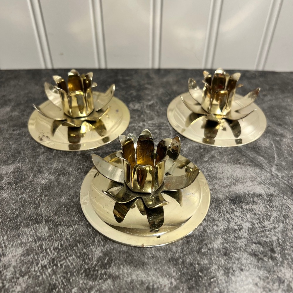 Vintage Brass Tone Lotus Flower Candlestick Holder | Set of 3 | Cottage